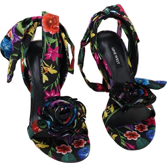 Nine West Krave Floral Heeled Sandals Black Multi Ankle Wrap 3D Rose US 6.5M - Picture 1 of 6